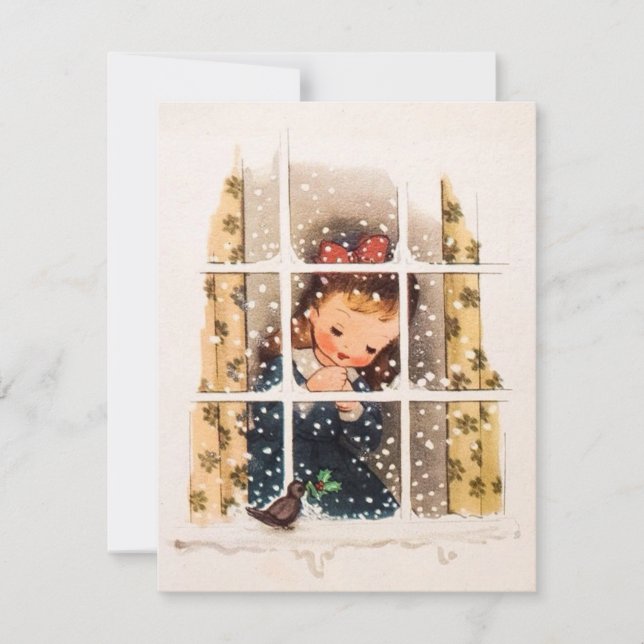 Vintage Christmas Girl Praying In Window Holiday Card (Front)