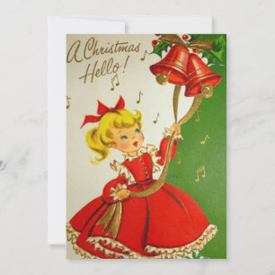 Vintage Christmas Girl Ringing Bell Holiday Card