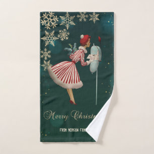Vintage Christmas Girl, Snowflakes   Bath Towel Set