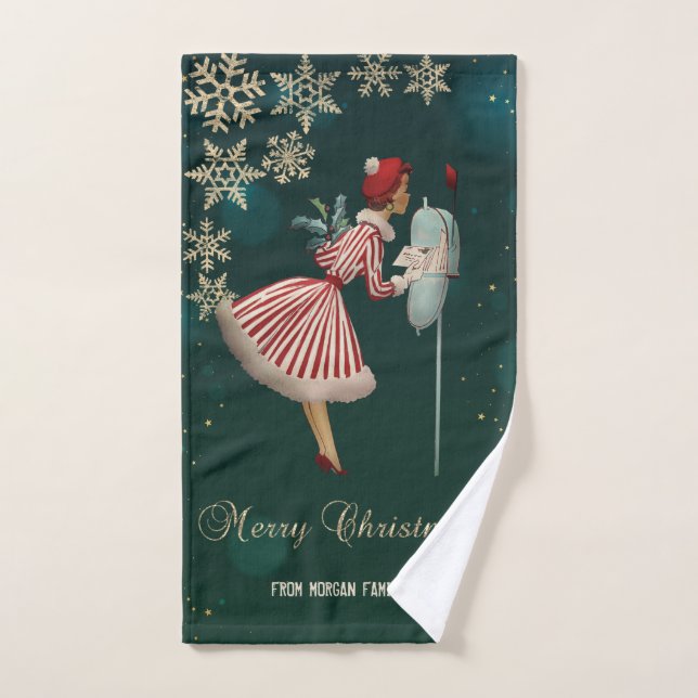 Vintage Christmas Girl, Snowflakes   Bath Towel Set (Hand Towel)