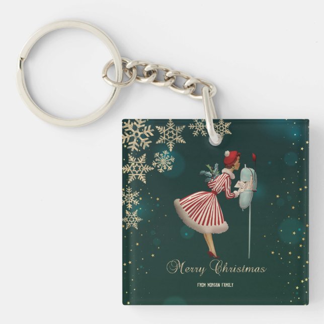 Vintage Christmas Girl, Snowflakes    Key Ring (Front)