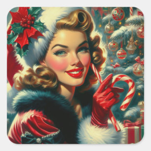Vintage Christmas Girl Square Sticker