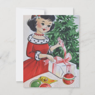 Vintage Christmas Girl Unwrapping Present Holiday Card