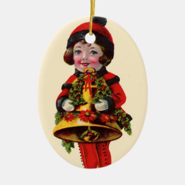 Vintage Christmas Girl with Bell Ceramic Ornament (Front)
