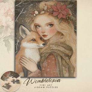 Vintage Christmas Girl with Fox Winter Jigsaw Puzzle