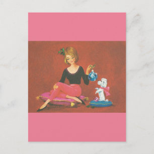 Vintage Christmas Girl With French Poodle Holiday Postcard