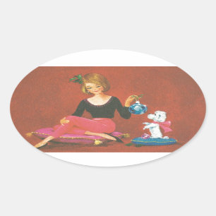 Vintage Christmas Girl With French Poodle Oval Sticker