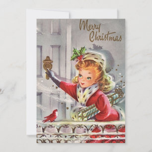 Vintage Christmas Girl With Gifts At Door Holiday Card