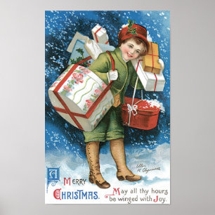 Vintage Christmas, Girl with Gifts in Winter Snow Poster