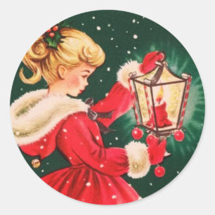 Vintage Christmas Girl With Lantern Classic Round Sticker