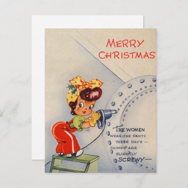Vintage Christmas Girl Working Hard Holiday Card (Front/Back)