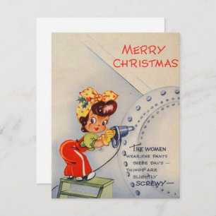 Vintage Christmas Girl Working Hard Holiday Card