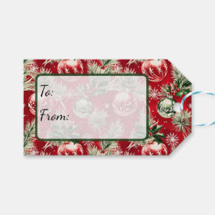 Vintage Christmas Gleaming Ornaments on Crimson Gift Tags