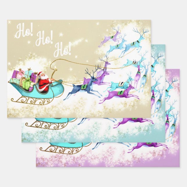 Vintage Christmas Glittering Pastel Reindeer Wrapping Paper Sheet (Set)