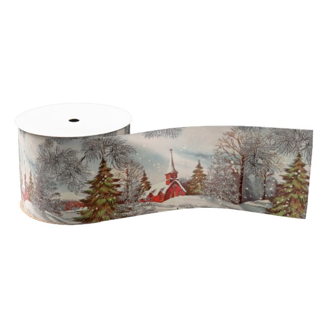 Vintage Christmas Glittering Winter Village  Grosgrain Ribbon (Spool)