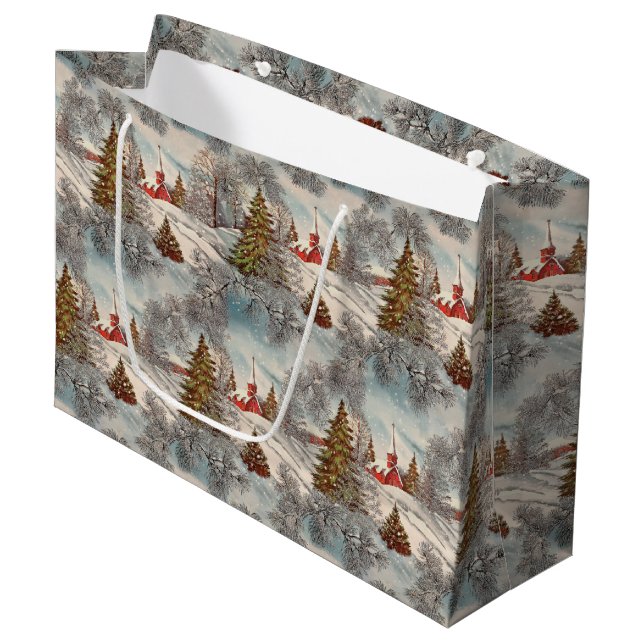 Vintage Christmas Glittering Winter Village  Large Gift Bag (Front Angled)