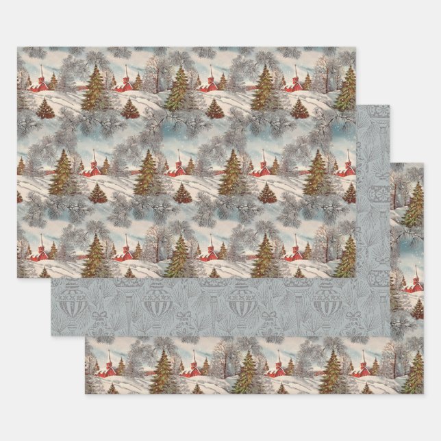 Vintage Christmas Glittering Winter Village  Wrapping Paper Sheet (Set)