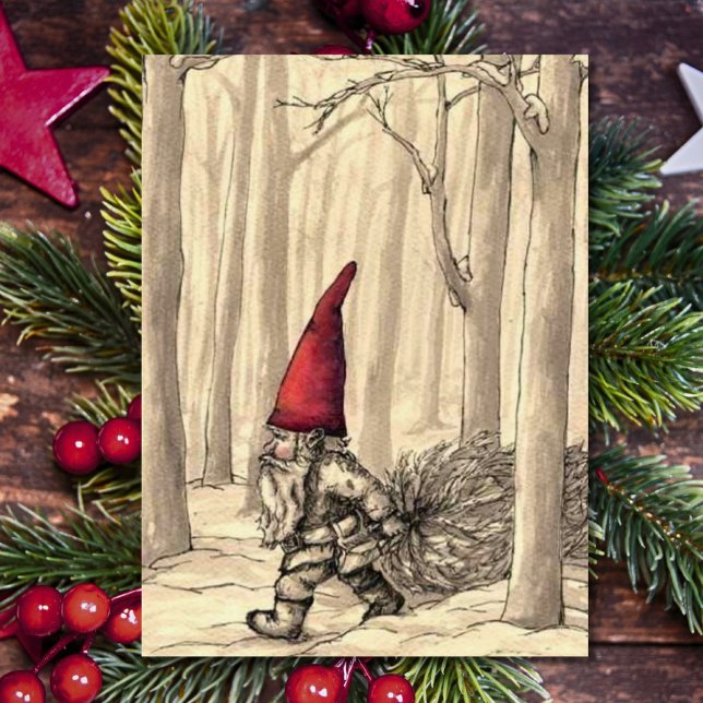 Vintage Christmas Gnome Cutting Christmas Tree Holiday Card (Creator Uploaded)