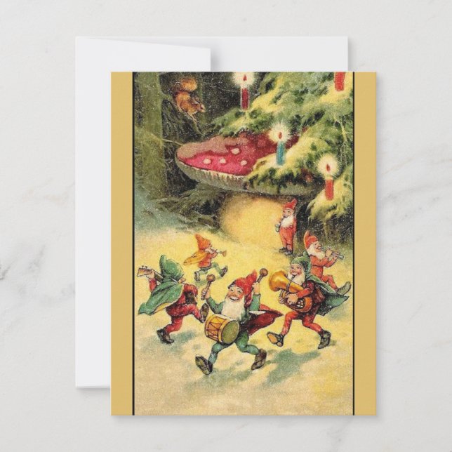 Vintage Christmas Gnomes Dancing Around Mushroom Holiday Card (Front)