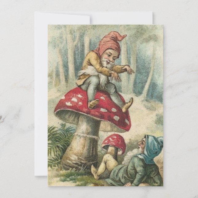 Vintage Christmas Gnomes On Mushroom Holiday Card (Front)