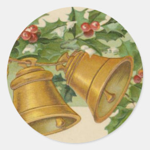 Vintage Christmas Gold Bells & Frozen Holly. Classic Round Sticker