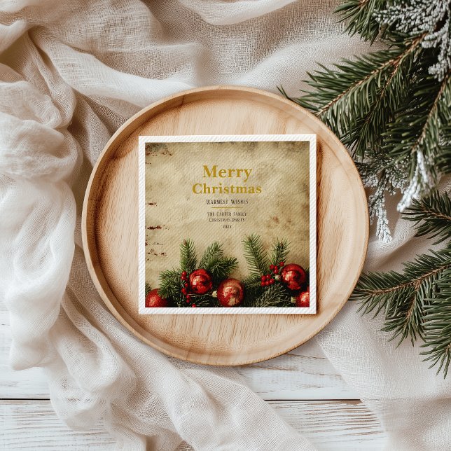 Vintage Christmas Gold Paper Napkin | Classic (Vintage Christmas paper napkin in burnt parchment with red & green creeper — adds warmth to tables!)