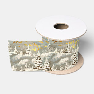 Vintage Christmas Gold & White Snowy Landscape Satin Ribbon