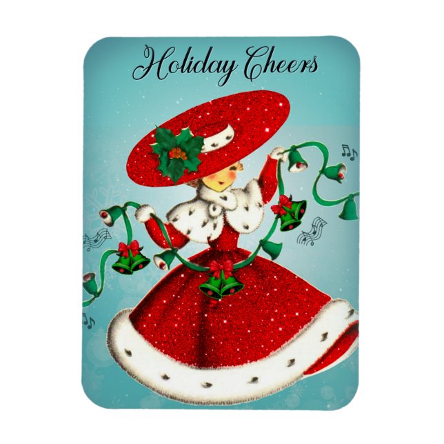 Vintage Christmas green bells red glitter girl Magnet (Vertical)