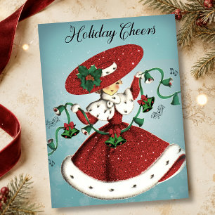 Vintage Christmas green bells red glitter girl Magnet