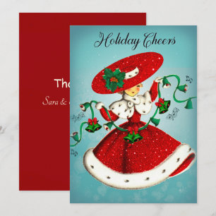 Vintage Christmas green bells red glitter girl Thank You Card