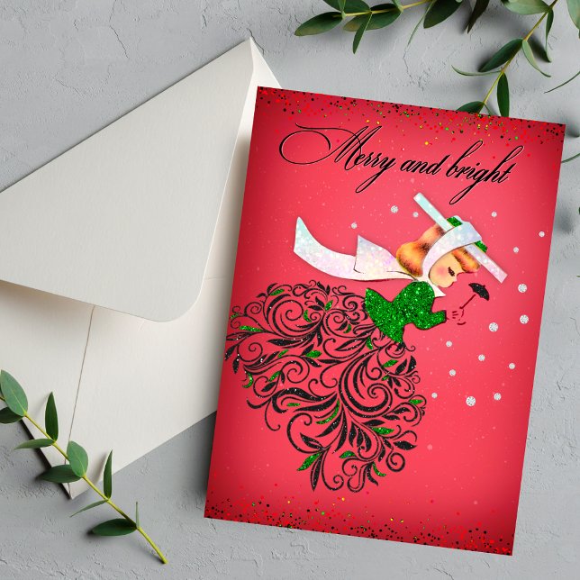 Vintage Christmas green glitter scarf girl Invitation (Creator Uploaded)