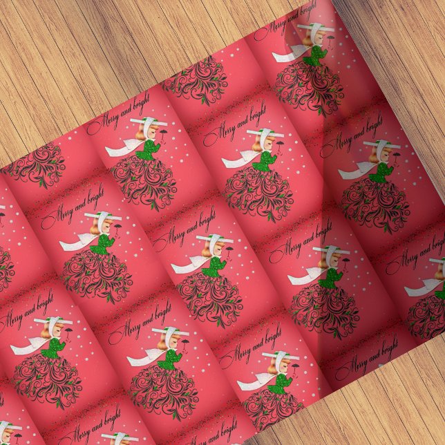 Vintage Christmas green glitter scarf girl Wrapping Paper (Creator Uploaded)
