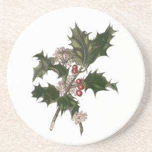 Vintage Christmas, Green Holly Plant with Berries Coaster