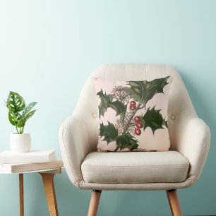 Vintage Christmas, Green Holly Plant with Berries Cushion
