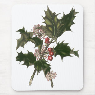 Vintage Christmas, Green Holly Plant with Berries Mouse Pad