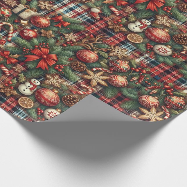 Vintage Christmas Greenery Botanical Plaid Pattern Wrapping Paper (Corner)