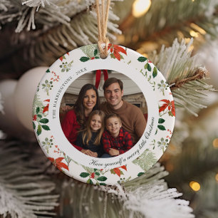 Vintage Christmas Greenery Pattern Photo Ceramic Ornament