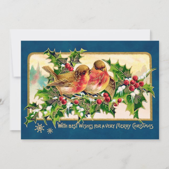 Vintage Christmas Greeting Birds Holly Faux Gold Card (Front)