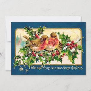 Vintage Christmas Greeting Birds Holly Faux Gold Card