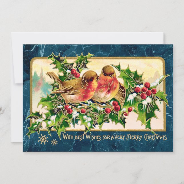 Vintage Christmas Greeting Birds Holly Faux Gold Card (Front)