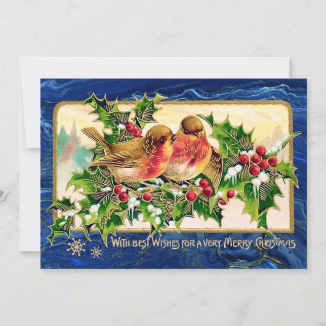 Vintage Christmas Greeting Birds Holly Faux Gold Card (Front)