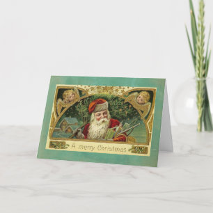 Vintage Christmas Greeting Santa Angels Holiday Card
