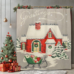 Vintage Christmas Greetings Cute Red House Sleigh Shower Curtain