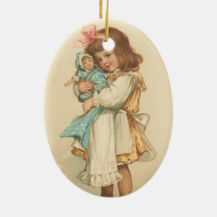 Vintage Christmas Greetings Girl with Doll Ceramic Tree Decoration