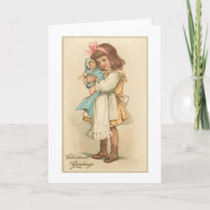 Vintage Christmas Greetings Girl with Doll Holiday Card