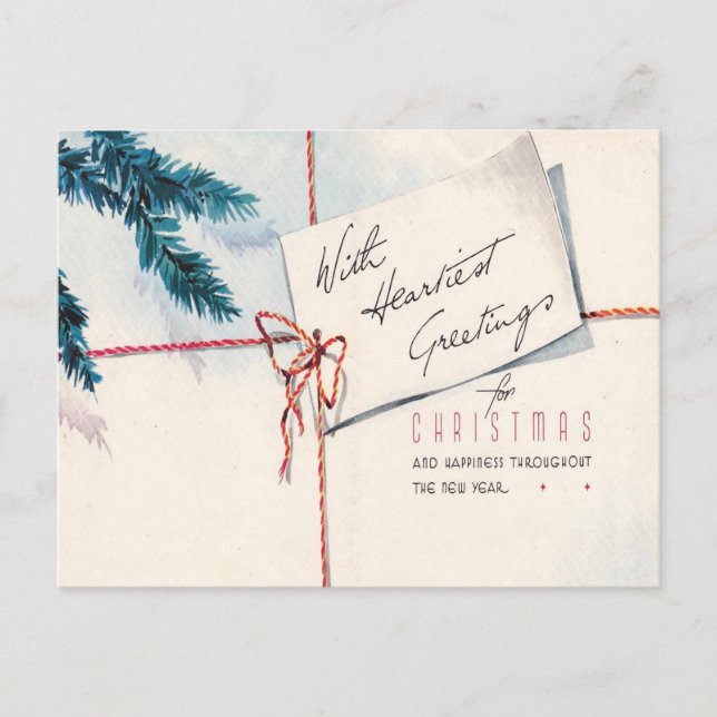 Vintage Christmas Greetings Red String Evergreen  Holiday Postcard (Front)