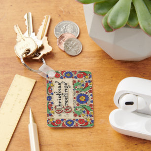 Vintage Christmas Greetings with Decorative Border Key Ring