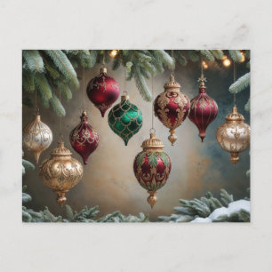Vintage Christmas Handing Ornaments, Evergreen Holiday Postcard