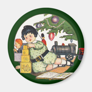 Vintage Christmas, Happy Boy Playing with Toys Magnet