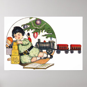 Vintage Christmas, Happy Boy Playing with Toys Poster